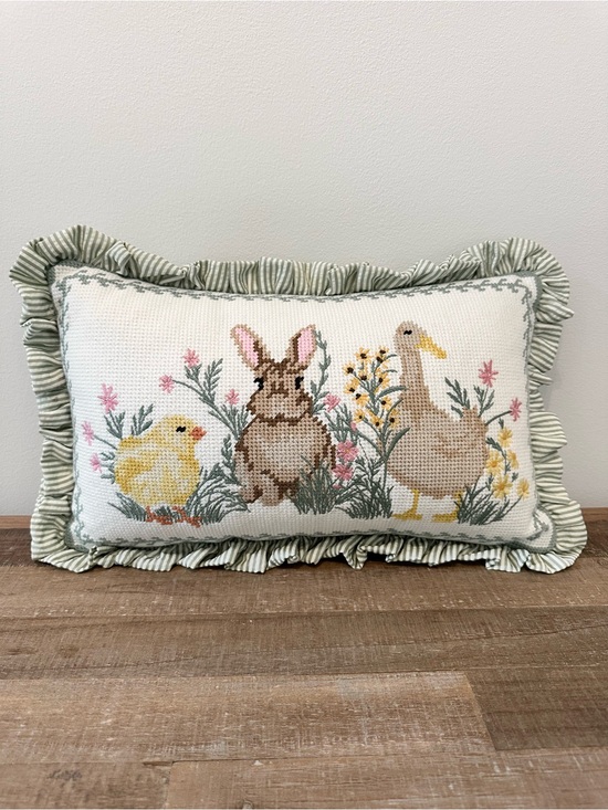 Other - Easter Needlepoint Pillow Chick Bunny Duckling Floral GrannyCore Cottage 17 x 10